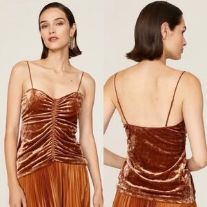 Tibi Rust Stretch Velvet Ruched Cami Tank Adjustable Straps Size L